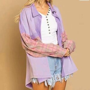 💜 POL Lavender Peach Check button up oversized jacket Flannel Size Large